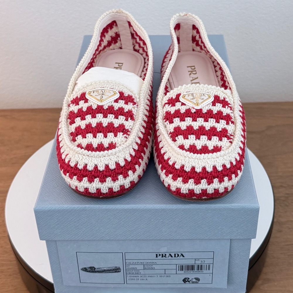 Prada Red White Crochet Loafers Enameled Triangle Logo Flats 1D496N Womens 37